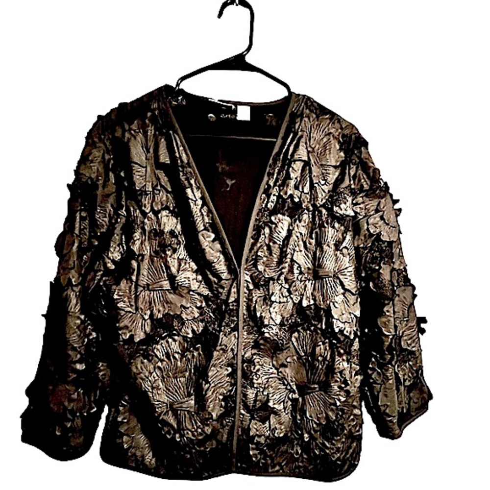 Chico black evening jacket, hook to close, lacy mesh w/satiny flower petals